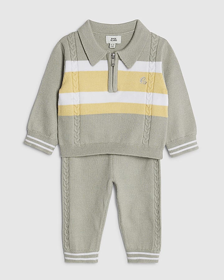 River Island Baby Boys Green Knitted Stripe Polo Shirt Set