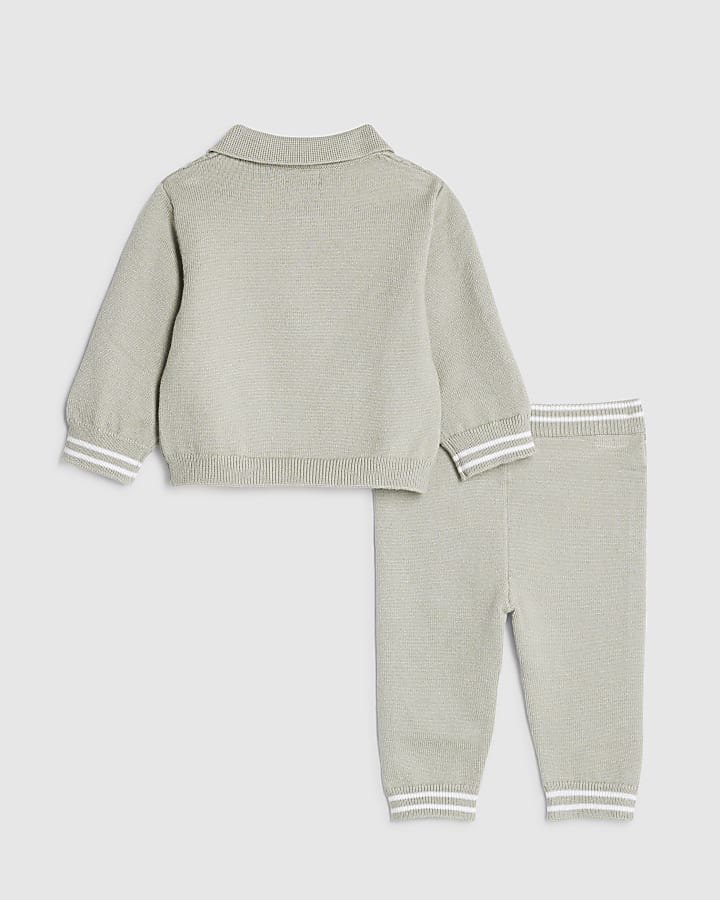 River Island Baby Boys Green Knitted Stripe Polo Shirt Set