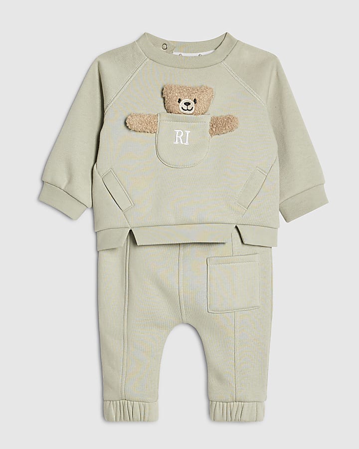 River Island Baby Boys Khaki Bear Pocket Sweatshirt Set