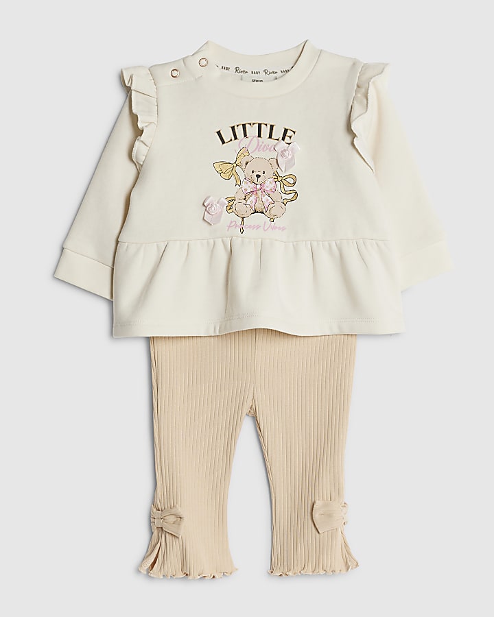 River Island Baby Girls Beige Bear Peplum Sweatshirt Set