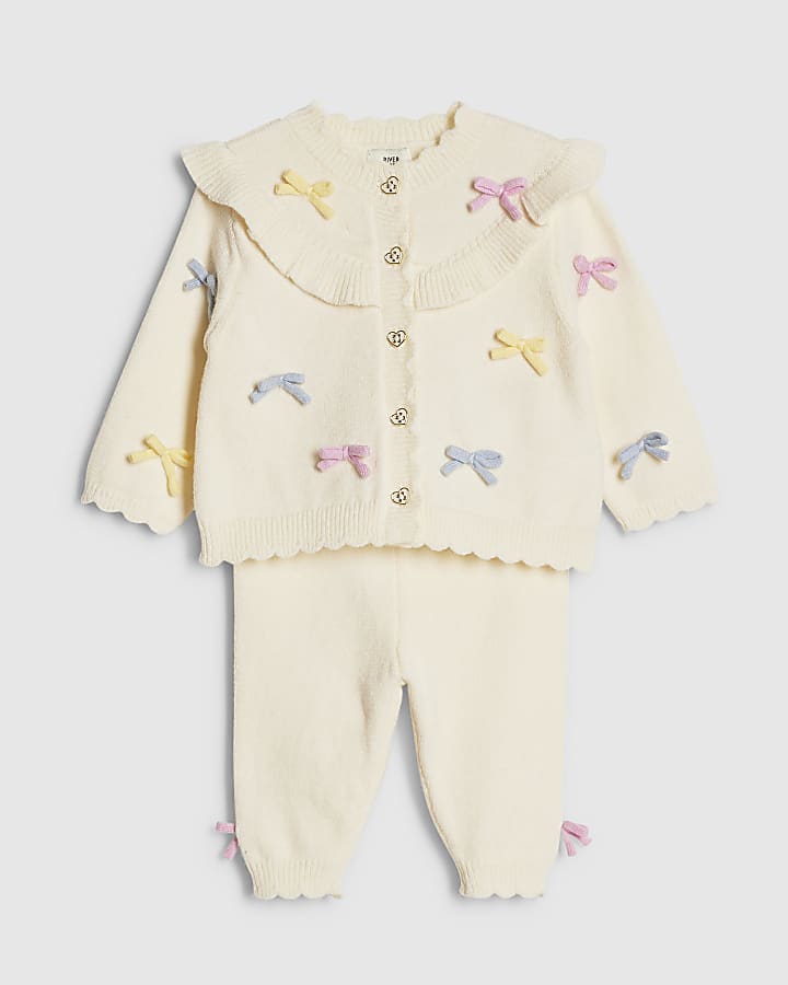 River Island Baby Girls Cream Bow 3D Cardigan Knit Set