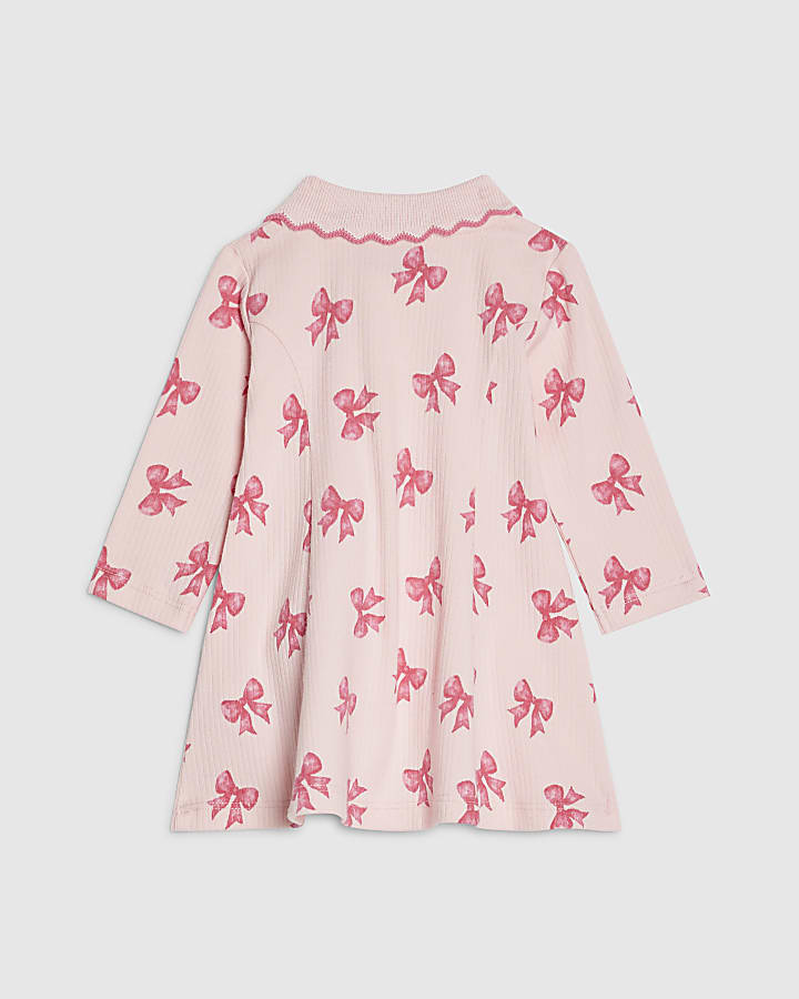 River Island Baby Girls Pink Bow Print Ribbed Dress