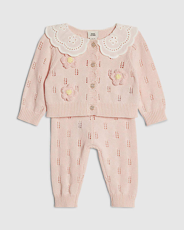 River Island Baby Girls Pink Broderie Daisy Knit Top Set