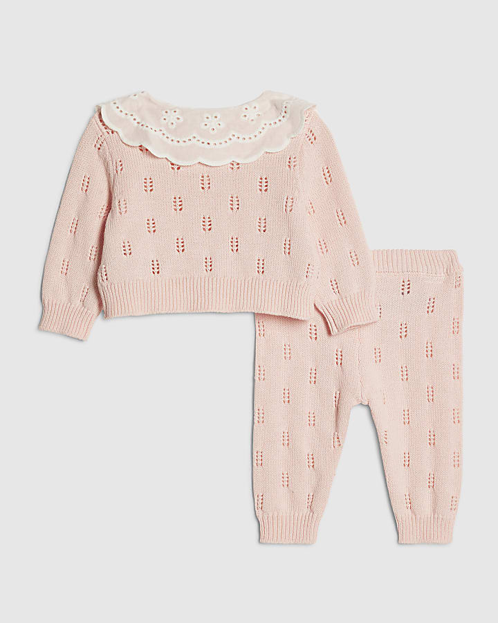 River Island Baby Girls Pink Broderie Daisy Knit Top Set