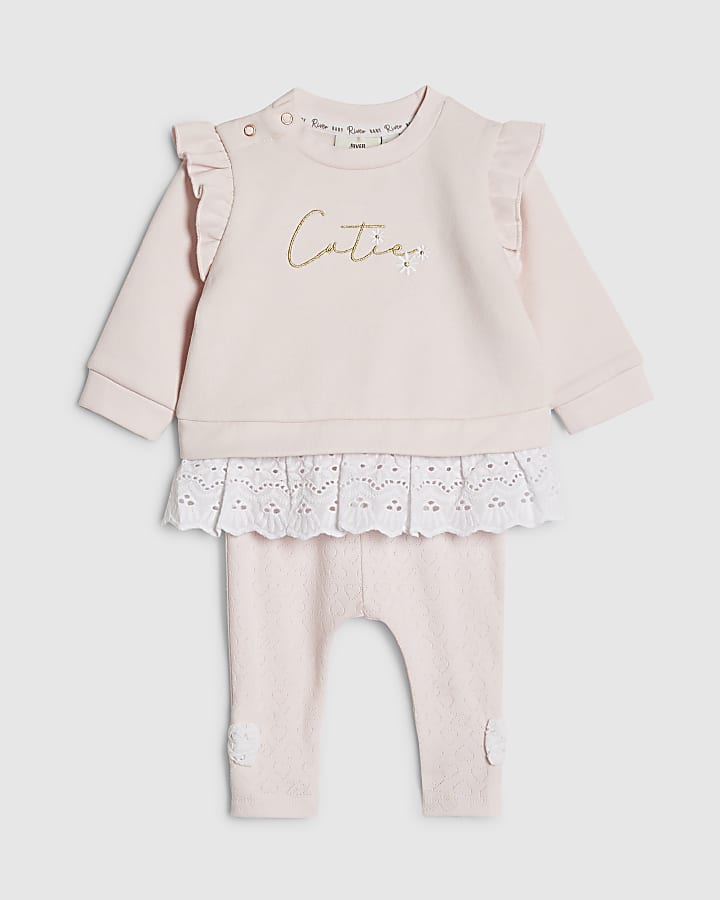 River Island Baby Girls Pink Broderie Sweatshirt Set