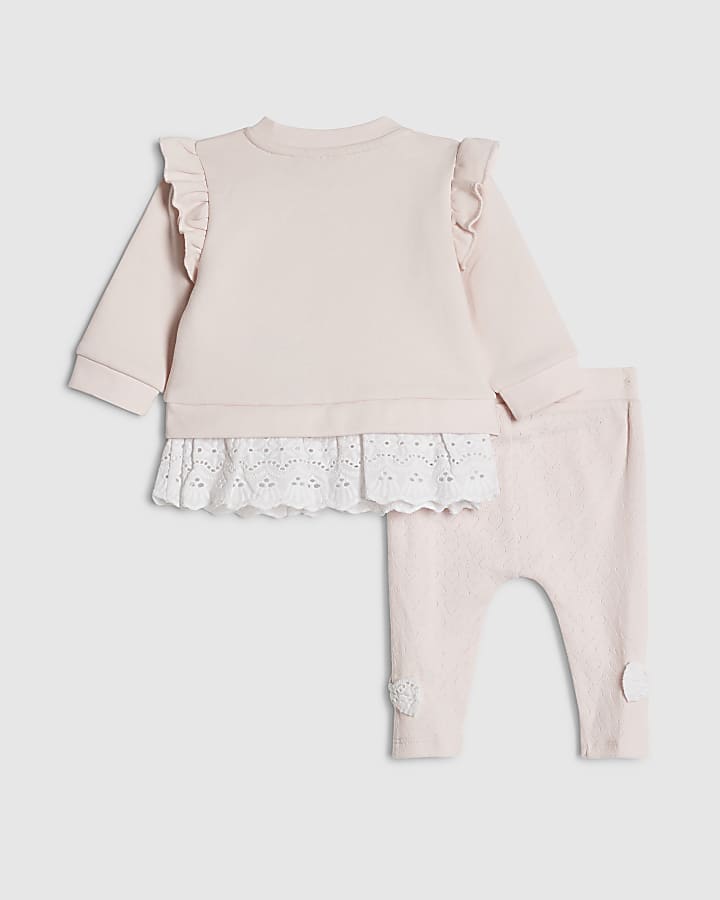 River Island Baby Girls Pink Broderie Sweatshirt Set
