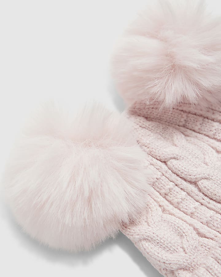 river island Baby Girls Pink Double Pom Bow Beanie Hat