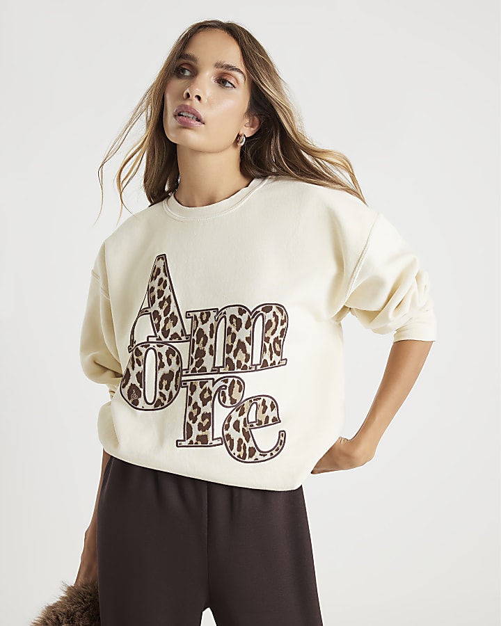 River Island Beige Amore Animal Print Oversized Sweatshirt