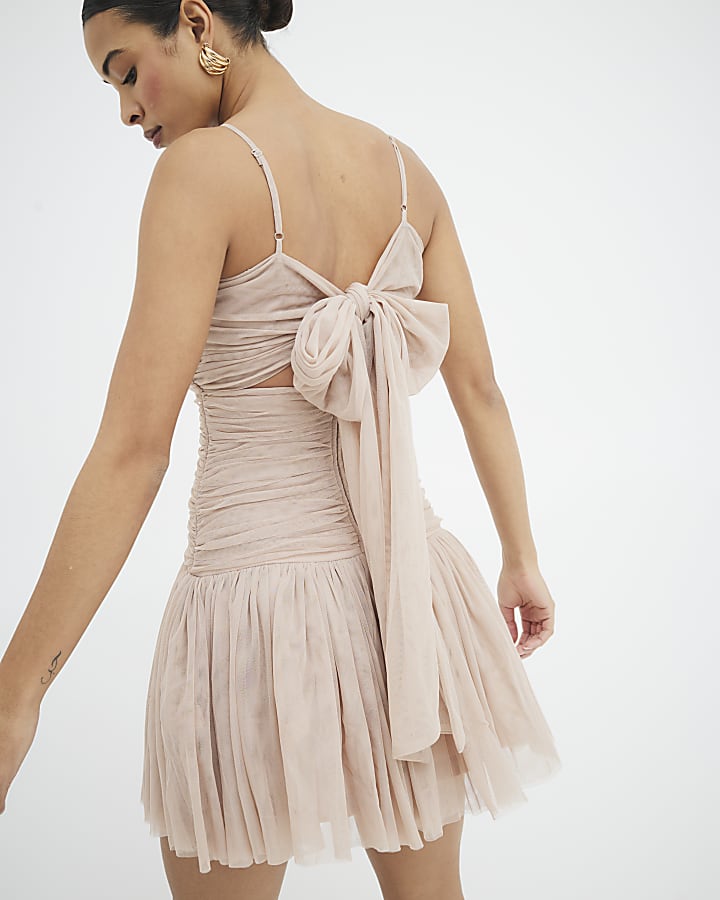 River Island Beige Bow Back Cut Out Tulle Mini Dress