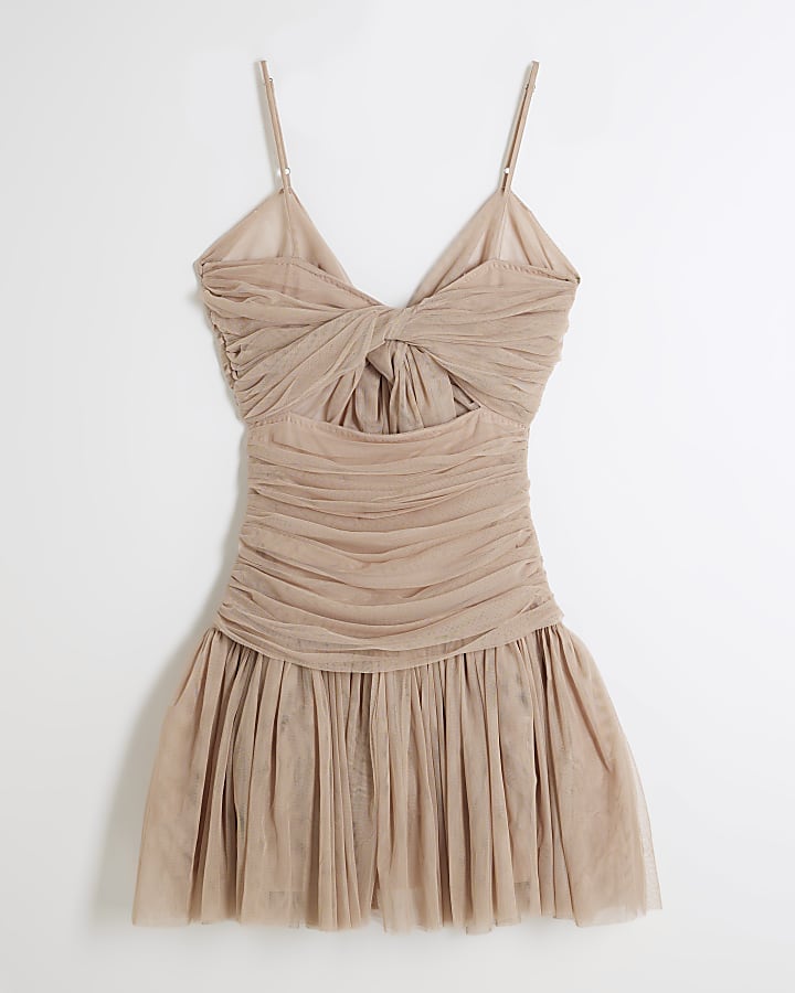 river island Beige Bow Back Cut Out Tulle Mini Dress
