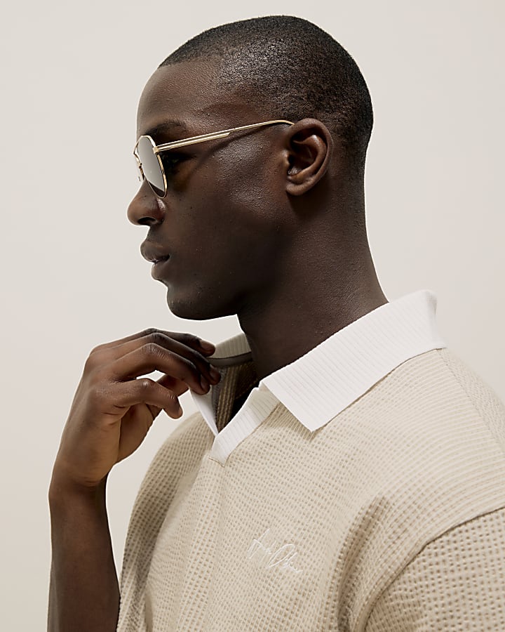River Island Beige Boxy Fit Textured Open Neck Polo Shirt