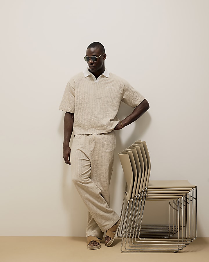 River Island Beige Boxy Fit Textured Open Neck Polo Shirt