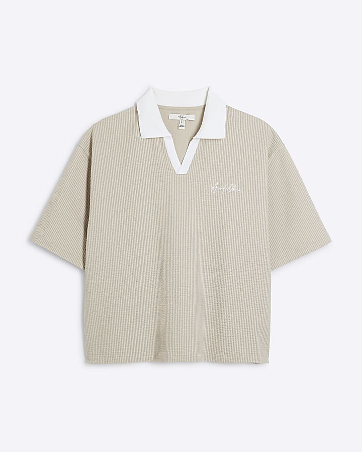 river island Beige Boxy Fit Textured Open Neck Polo Shirt