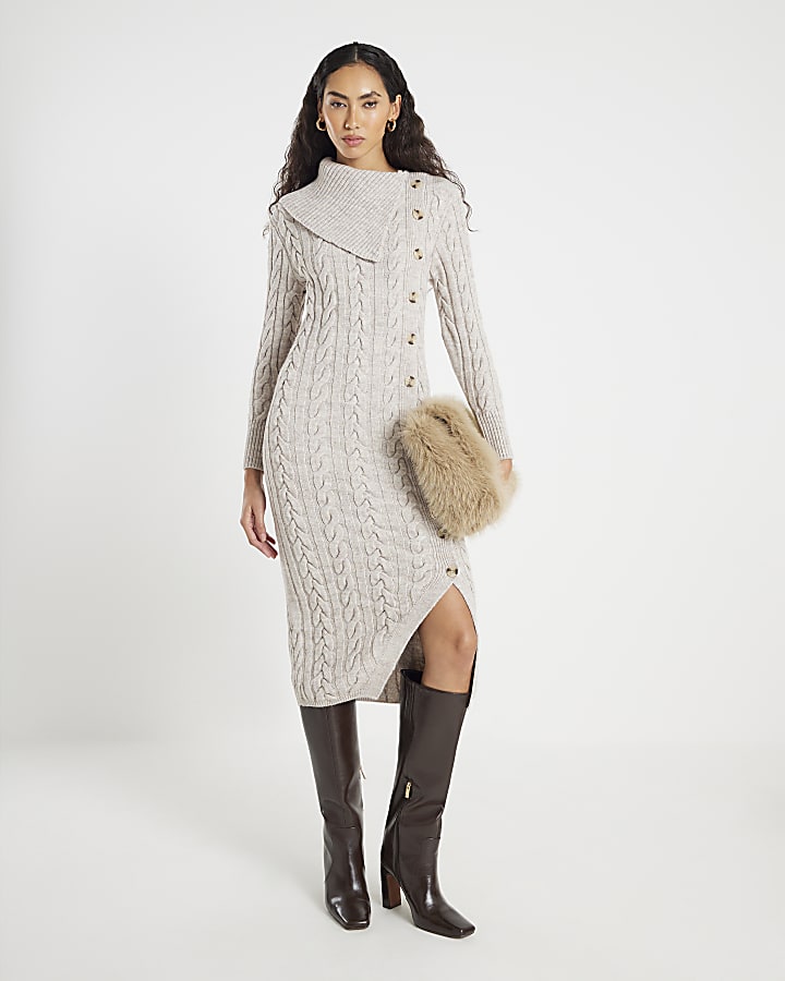 River Island Beige Cable Knit Asymmetric Midi Dress
