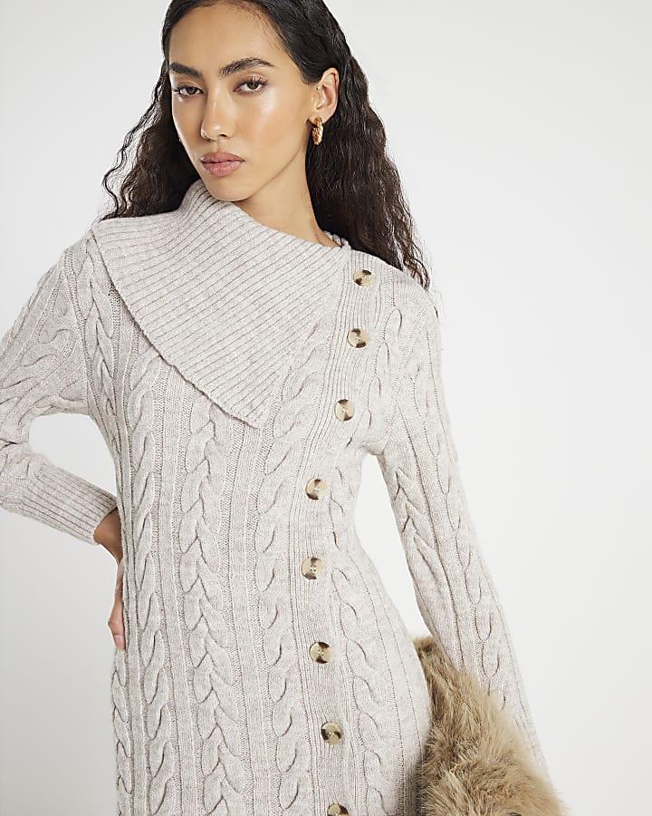 River Island Beige Cable Knit Asymmetric Midi Dress