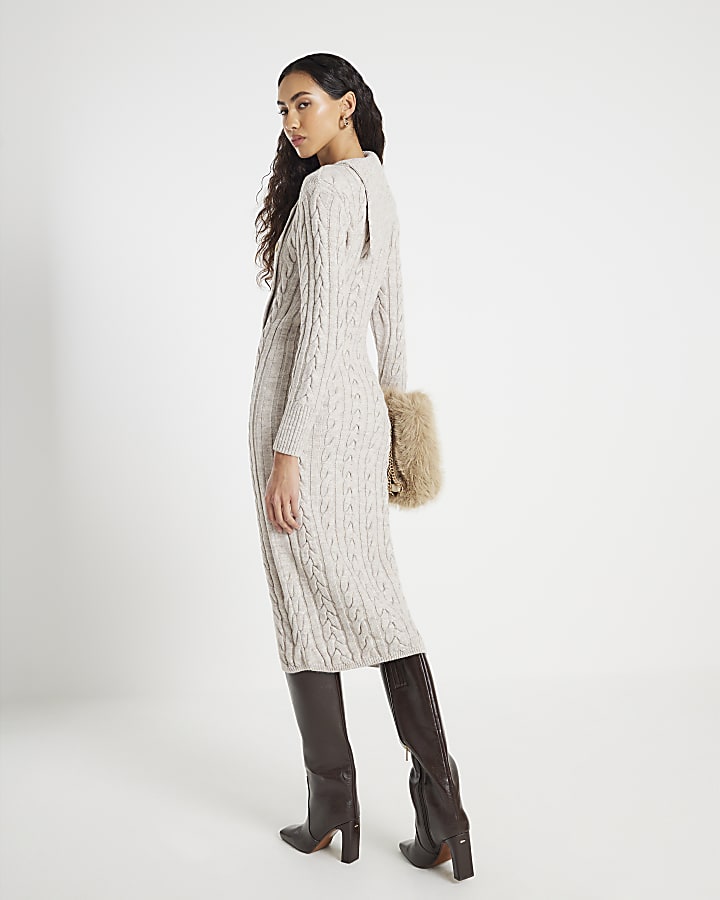 River Island Beige Cable Knit Asymmetric Midi Dress