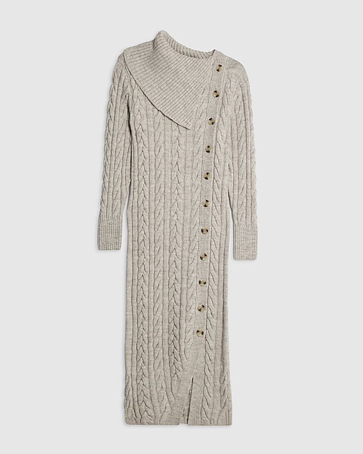 river island Beige Cable Knit Asymmetric Midi Dress