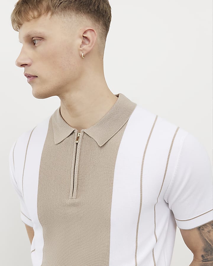 River Island Beige Colour Blocked Stripe Polo Shirt