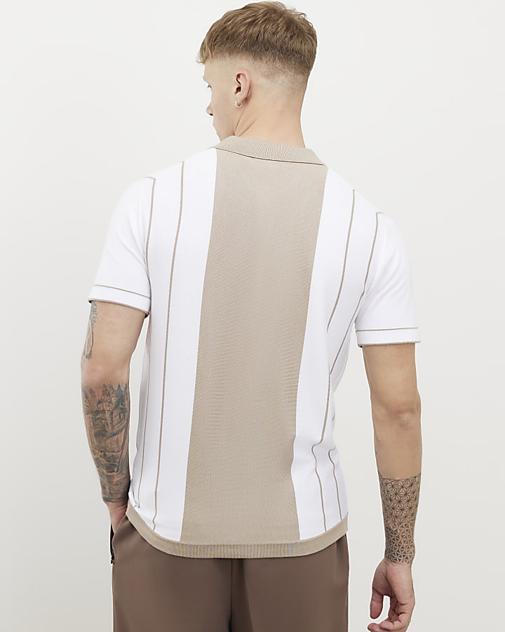 River Island Beige Colour Blocked Stripe Polo Shirt