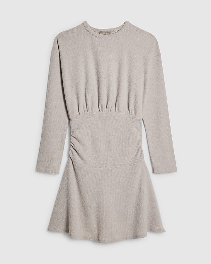 river island Beige Cosy Long Sleeve Ruched Mini Dress