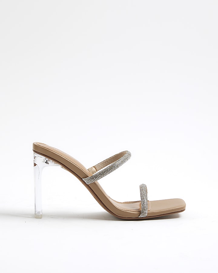 River Island Beige Diamante Double Strap Heeled Mules