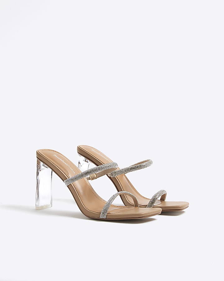 River Island Beige Diamante Double Strap Heeled Mules