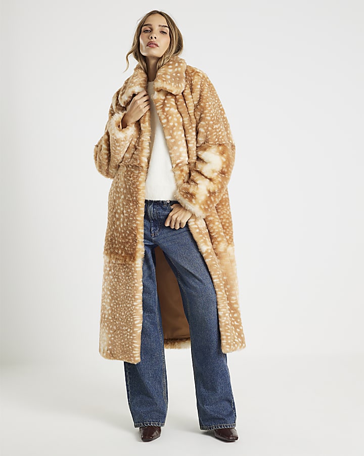 River Island Beige Faux Fur Animal Print Longline Coat