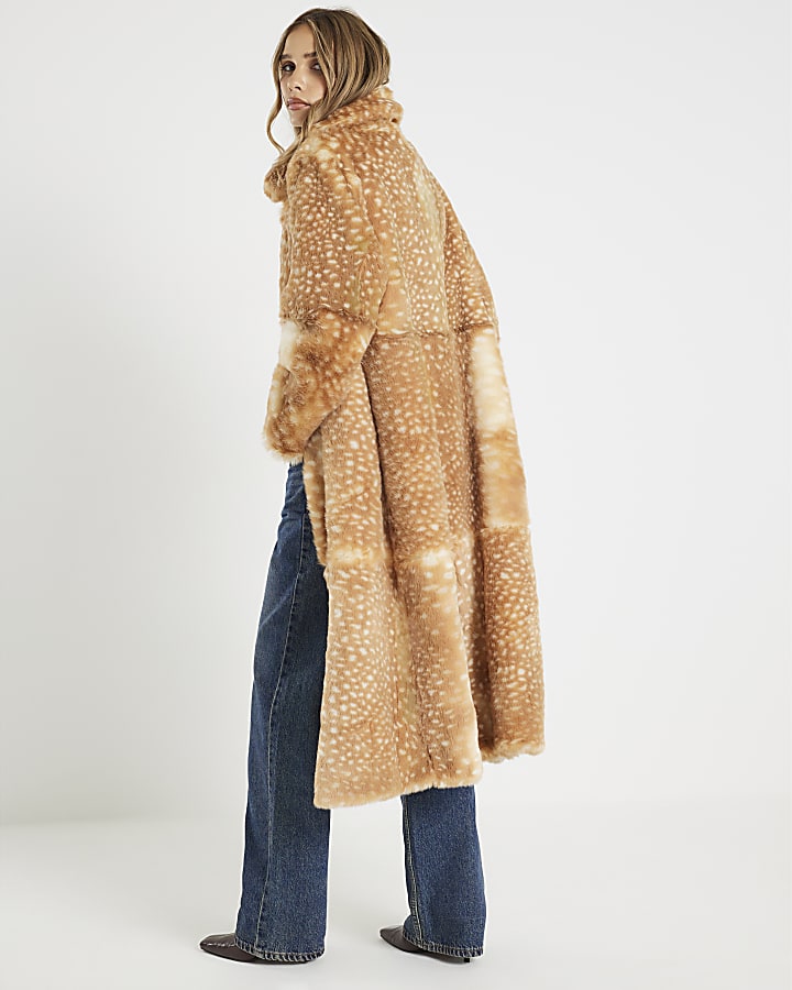 River Island Beige Faux Fur Animal Print Longline Coat
