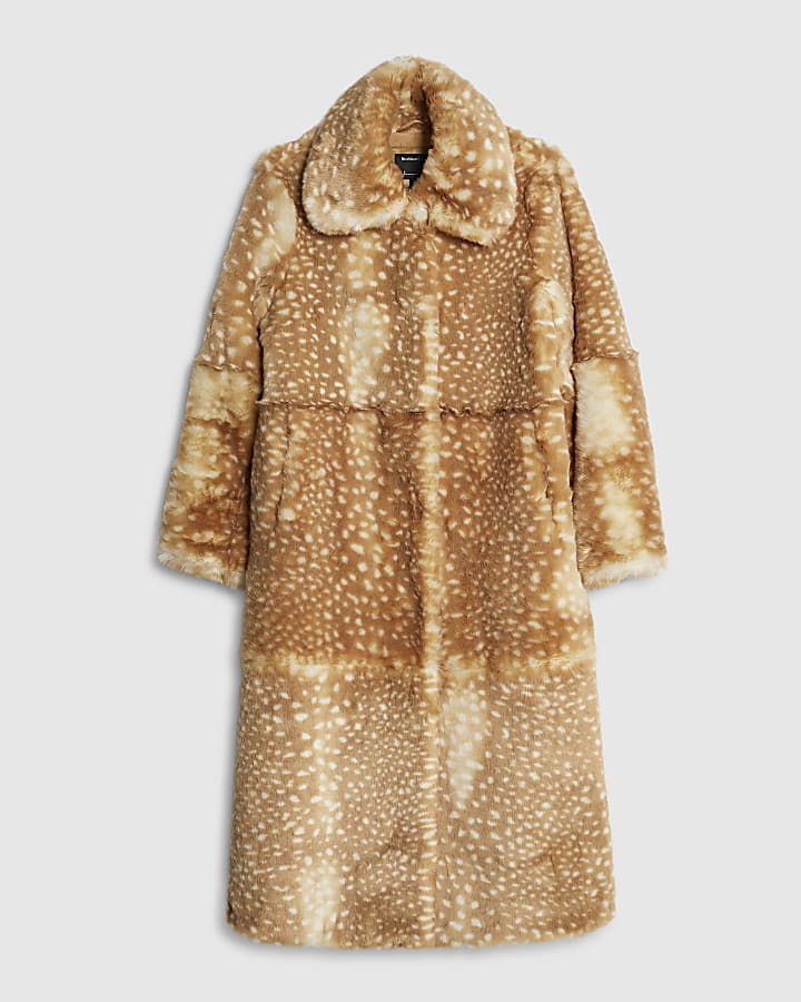 river island Beige Faux Fur Animal Print Longline Coat