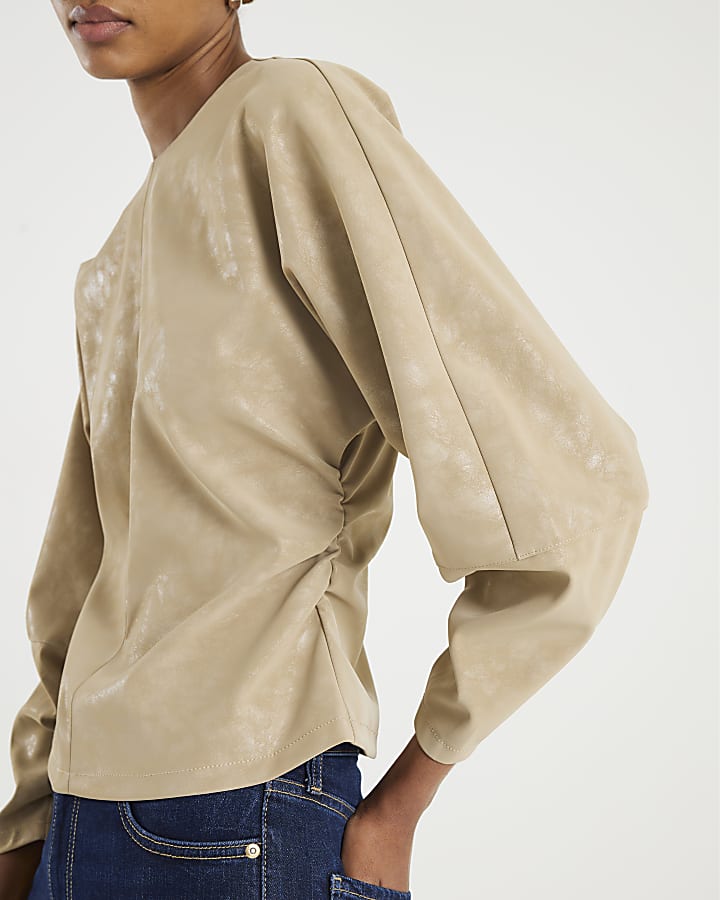 River Island Beige Faux Leather Batwing Long Sleeve Top