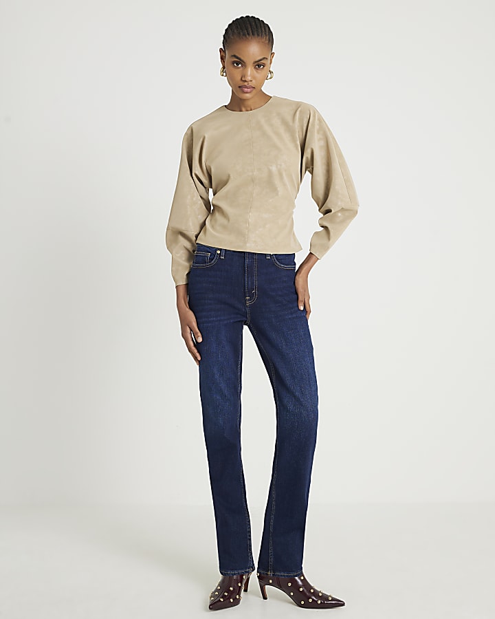 River Island Beige Faux Leather Batwing Long Sleeve Top