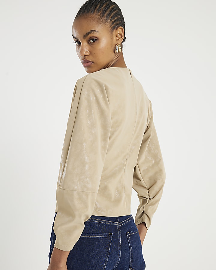 River Island Beige Faux Leather Batwing Long Sleeve Top
