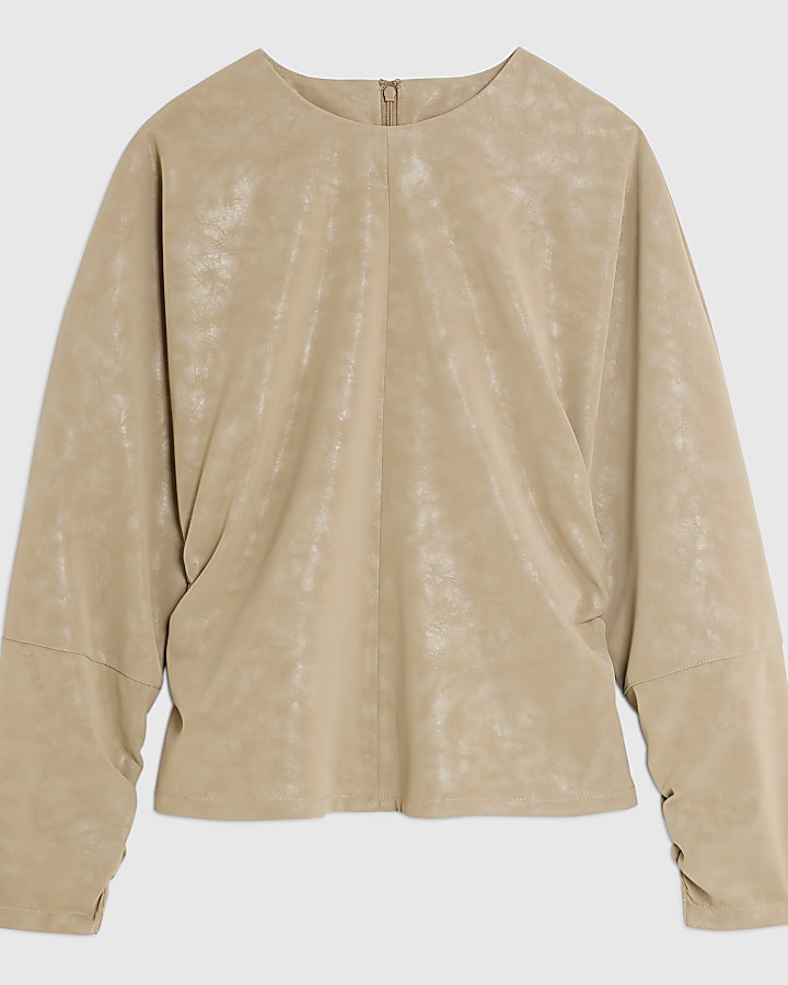 river island Beige Faux Leather Batwing Long Sleeve Top