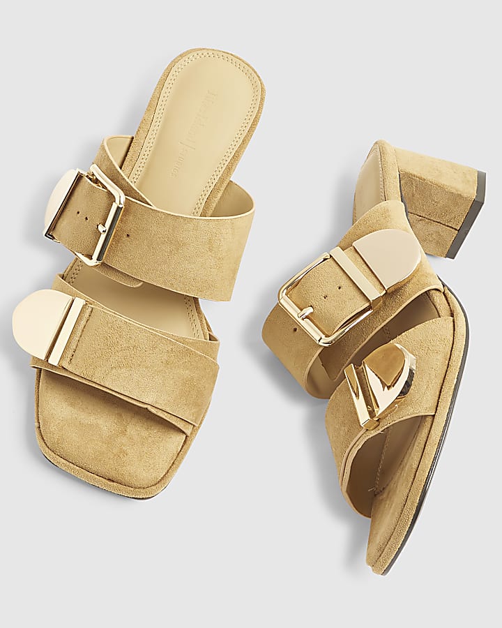 river island Beige Faux Suede Double Buckle Mule Sandal