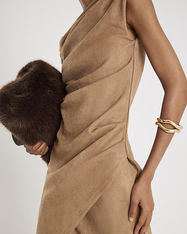 River Island Beige Faux Suede Sleeveless Drape Midi Dress