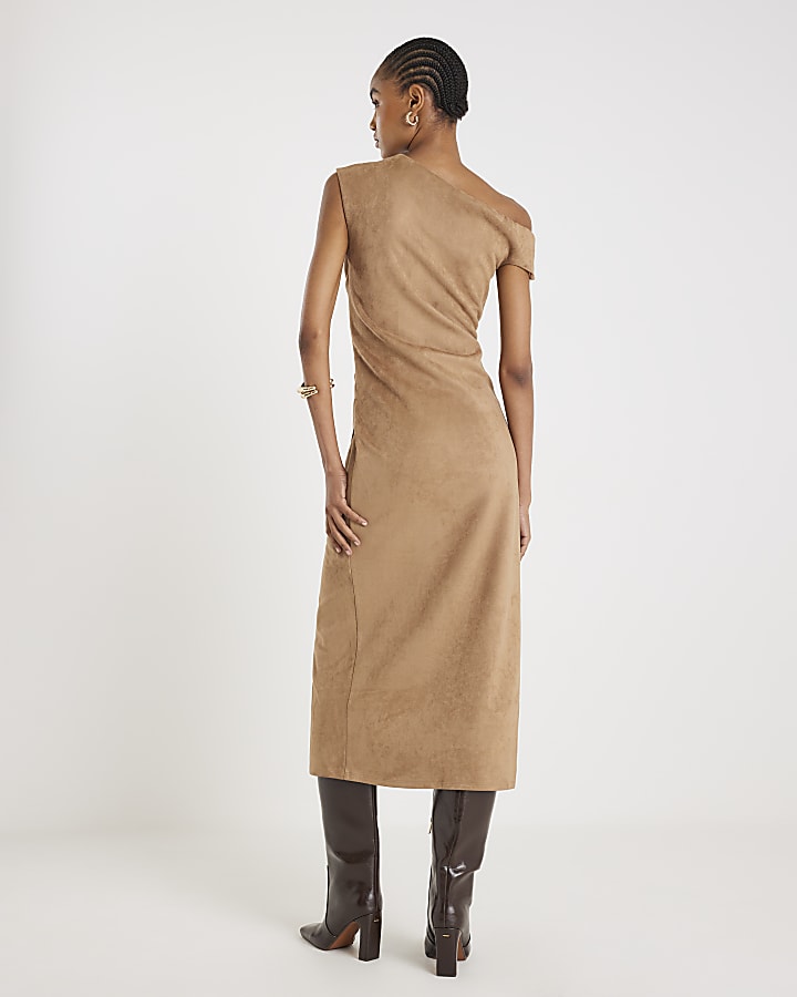 river island Beige Faux Suede Sleeveless Drape Midi Dress