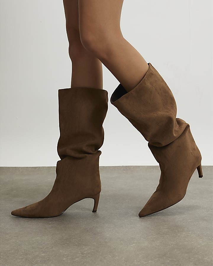 river island Beige Faux Suede Slouch High Leg Boots