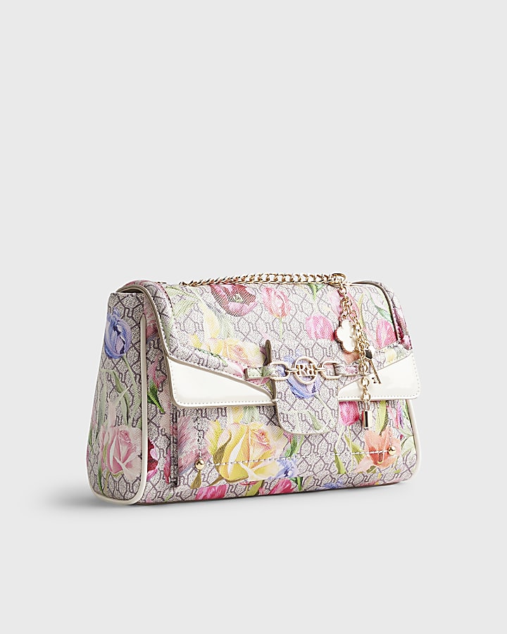 River Island Beige Floral Monogram Print Shoulder Bag