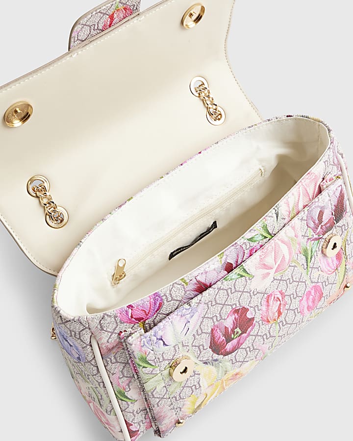 river island Beige Floral Monogram Print Shoulder Bag