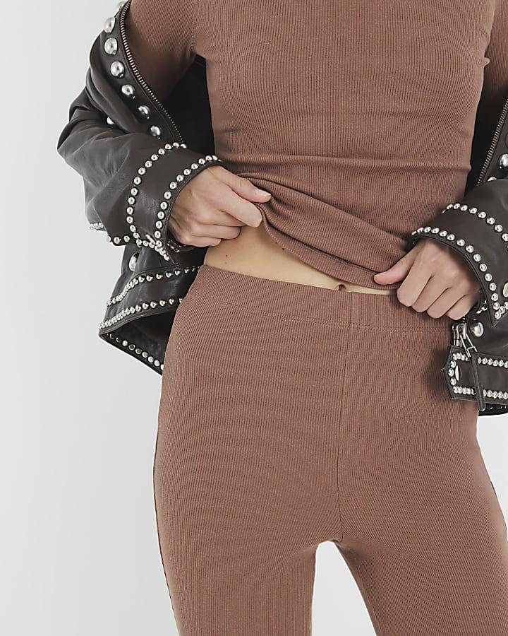 River Island Beige High Waisted Ribbed Flare Leggings