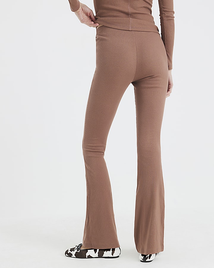 River Island Beige High Waisted Ribbed Flare Leggings
