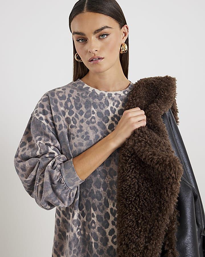 River Island Beige Leopard Print Sweatshirt Mini Dress
