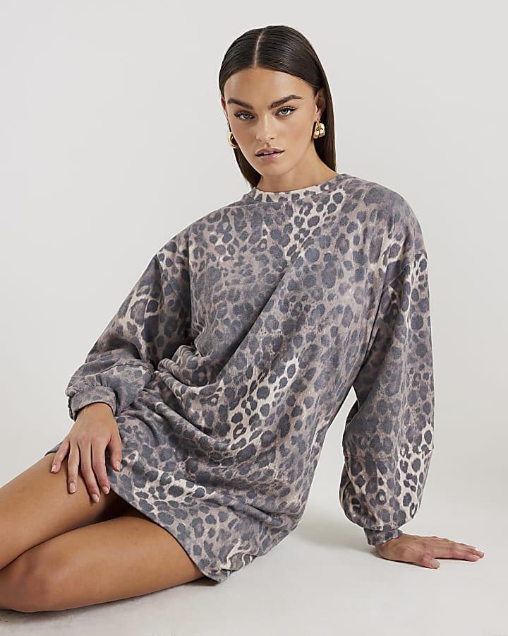 River Island Beige Leopard Print Sweatshirt Mini Dress