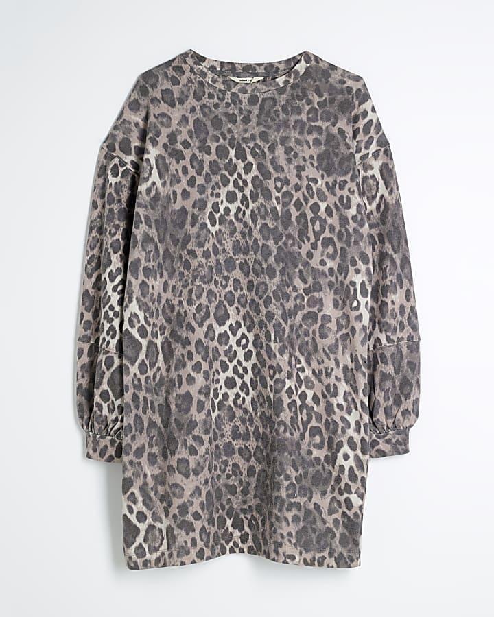 river island Beige Leopard Print Sweatshirt Mini Dress