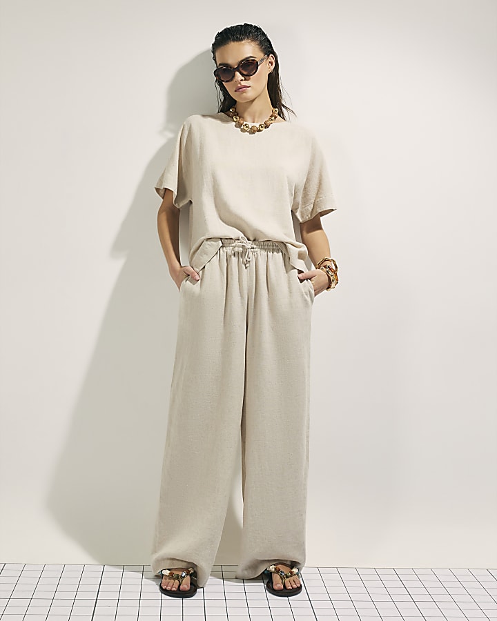 River Island Beige Linen Blend Short Sleeve T-Shirt