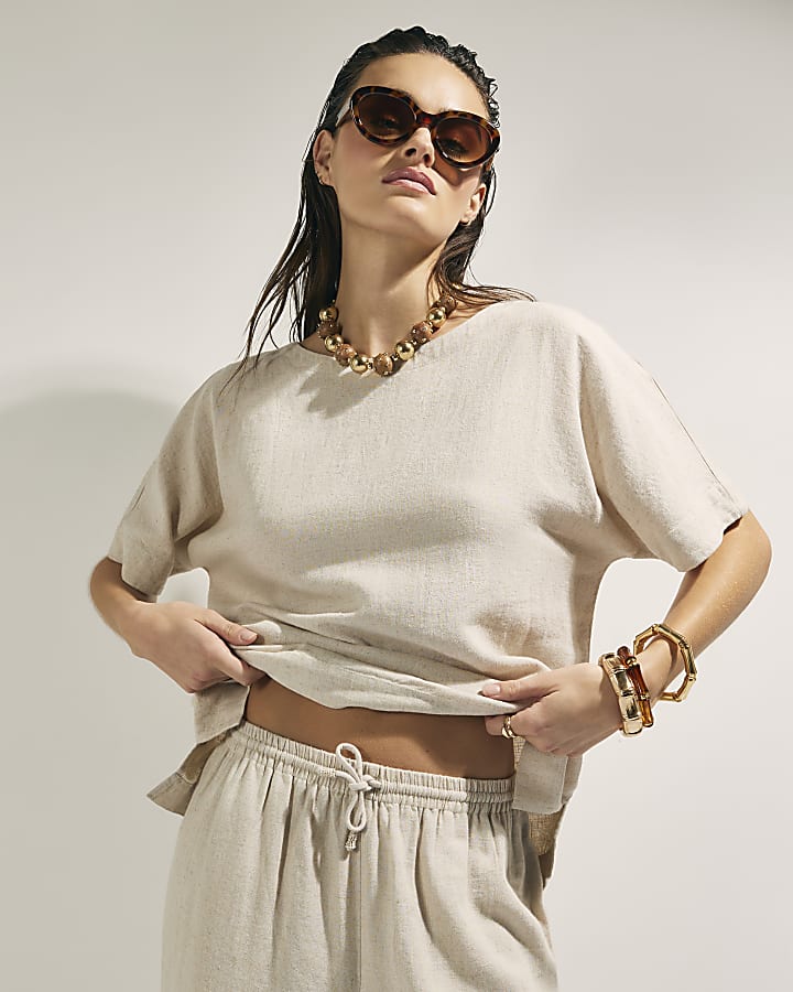 River Island Beige Linen Blend Short Sleeve T-Shirt