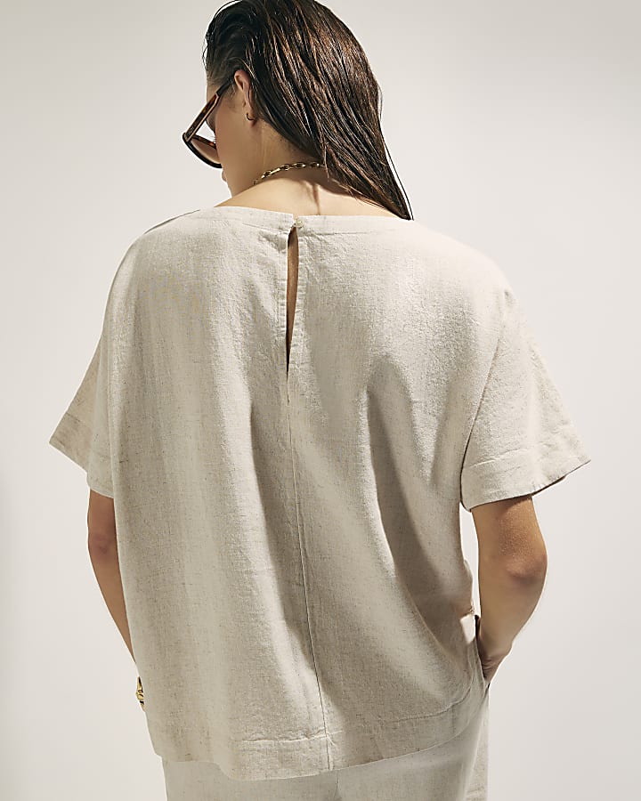 River Island Beige Linen Blend Short Sleeve T-Shirt