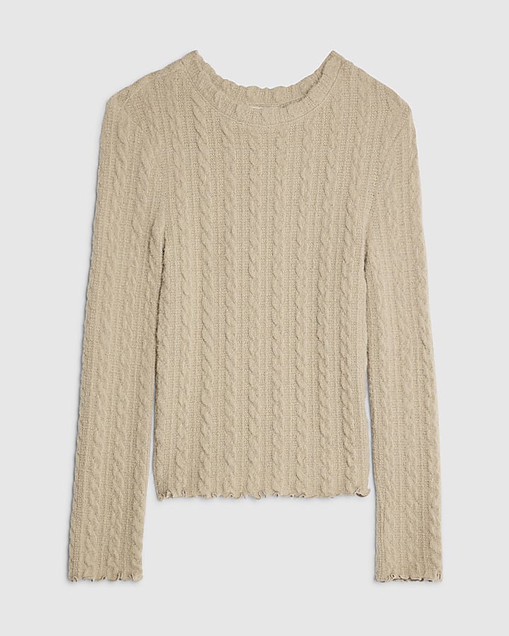 river island Beige Long Sleeve Cable Knit Fitted Top