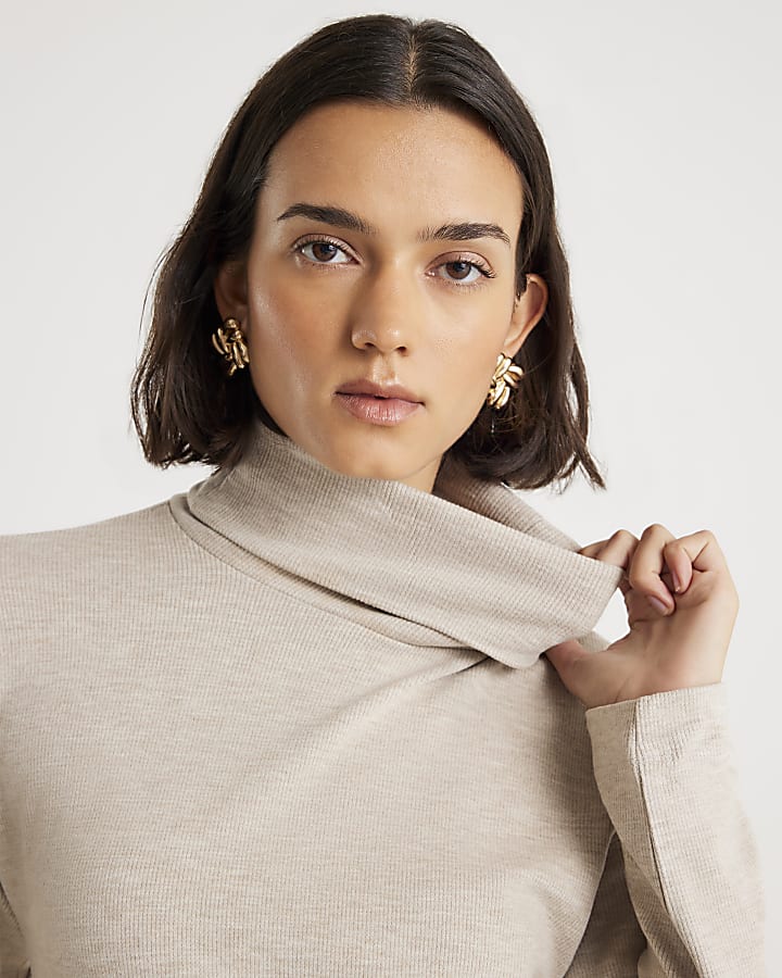 River Island Beige Long Sleeve Cosy High Neck Mini Dress