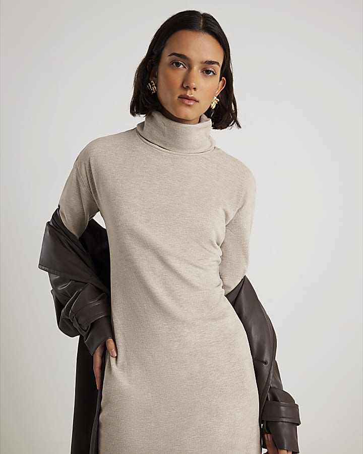 River Island Beige Long Sleeve Cosy High Neck Mini Dress